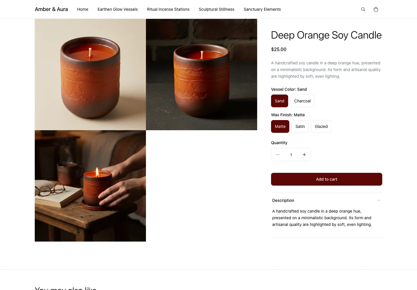 Amber & Aura product page for a deep orange soy candle in a terracotta ceramic vessel, $25, with studio shots and a lit candle on a rustic side table lifestyle photo