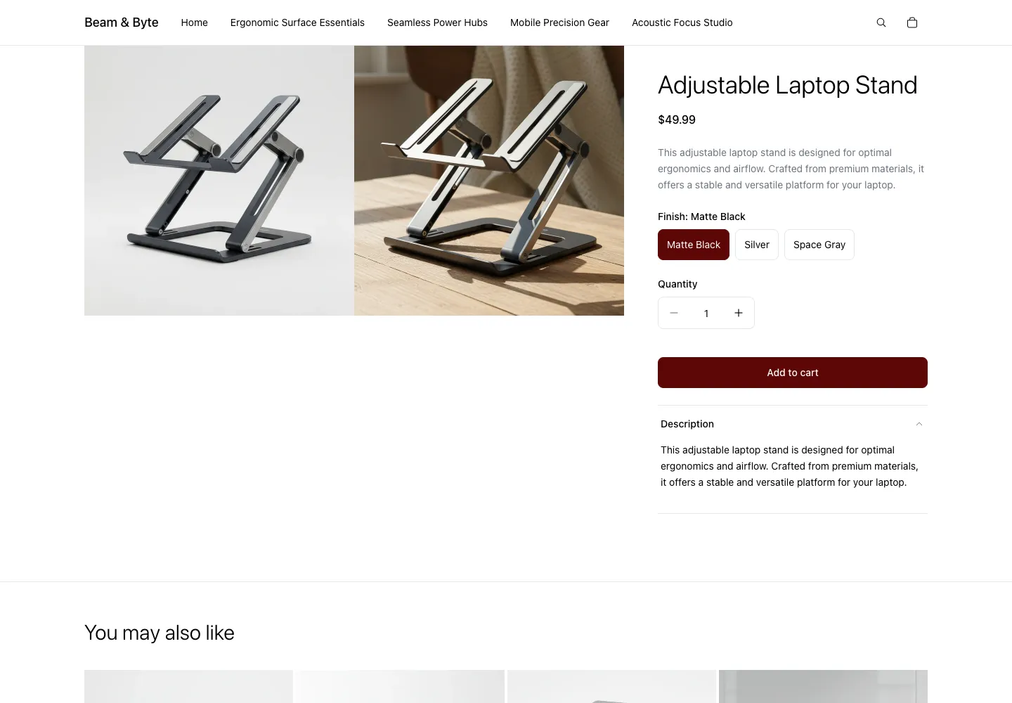 Adjustable Laptop Stand product page on Beam & Byte, showing two-panel product photos of a folding metal stand in Matte Black, with finish selector and Add to cart button