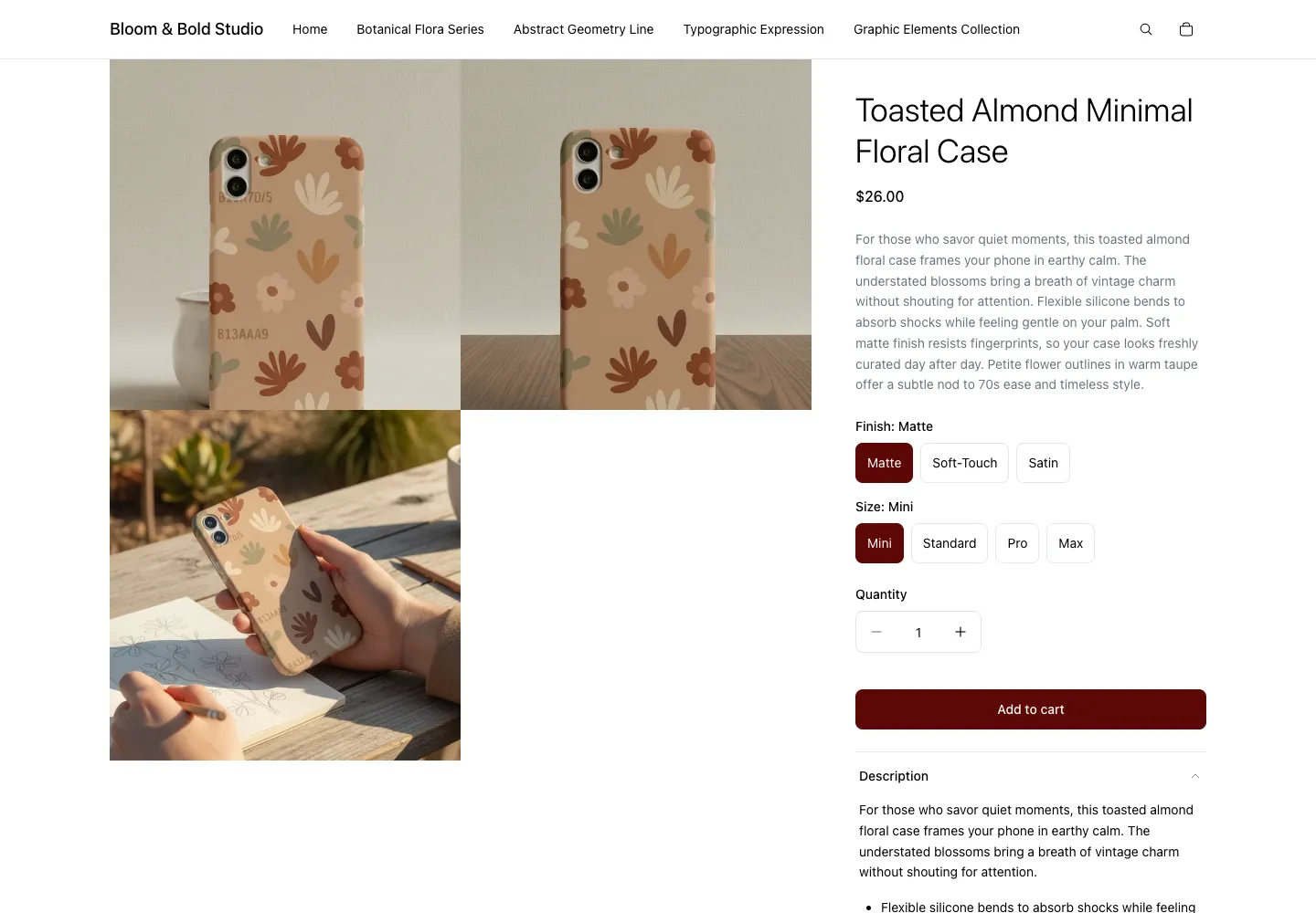 Bloom & Bold Studio’s Toasted Almond Minimal Floral Case with product images, Finish and Size options, a price, and an Add to cart button.