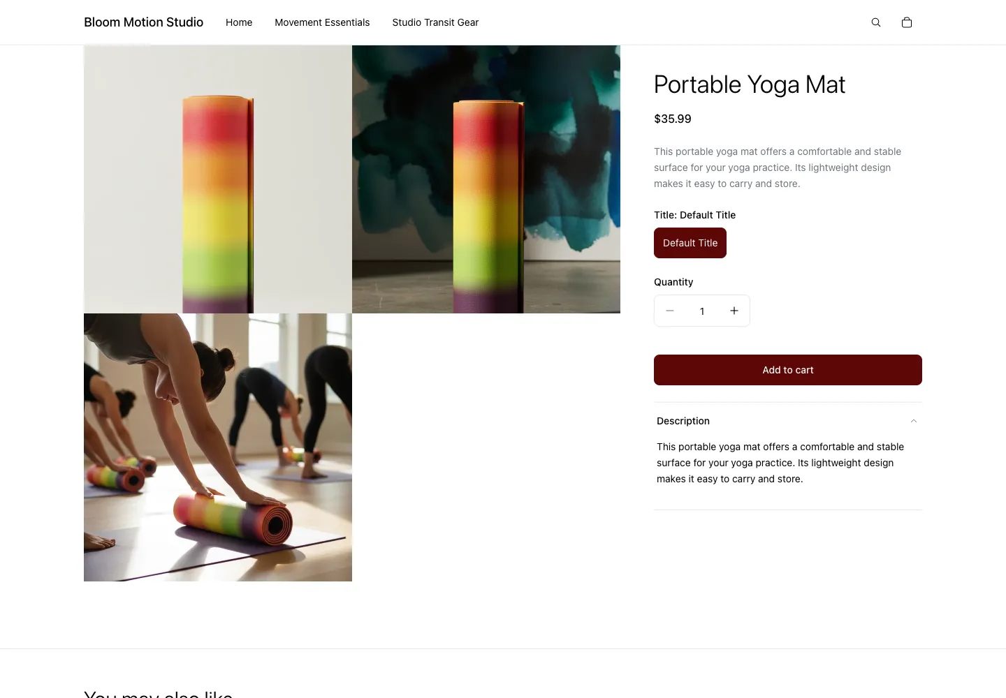 Bloom Motion Studio product page for Portable Yoga Mat showing Default Title selector, price $35.99, with studio product images and a yoga class lifestyle photo