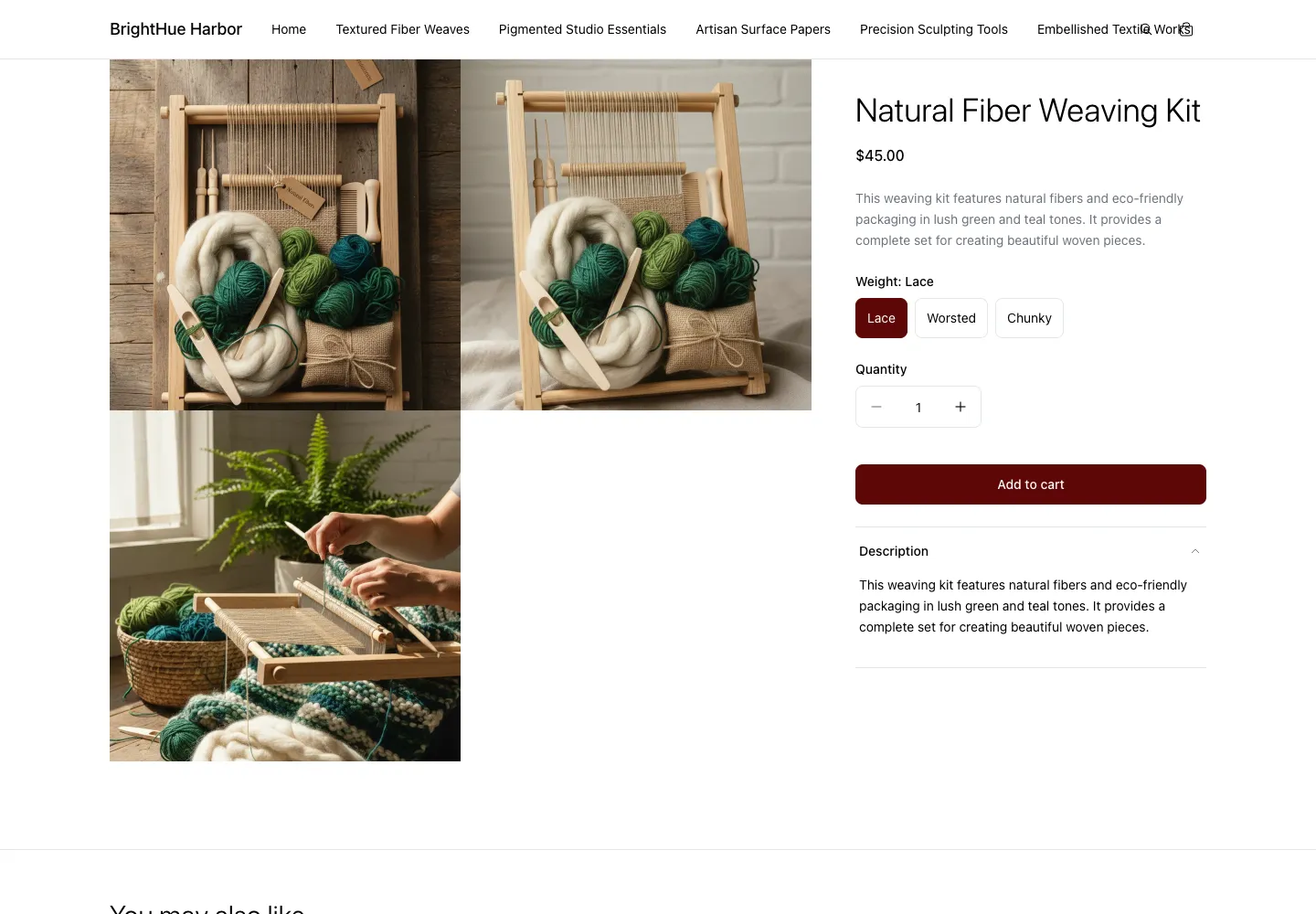 BrightHue Harbor’s Natural Fiber Weaving Kit with three product images, Lace, Worsted, and Chunky Weight options, and an Add to cart button.
