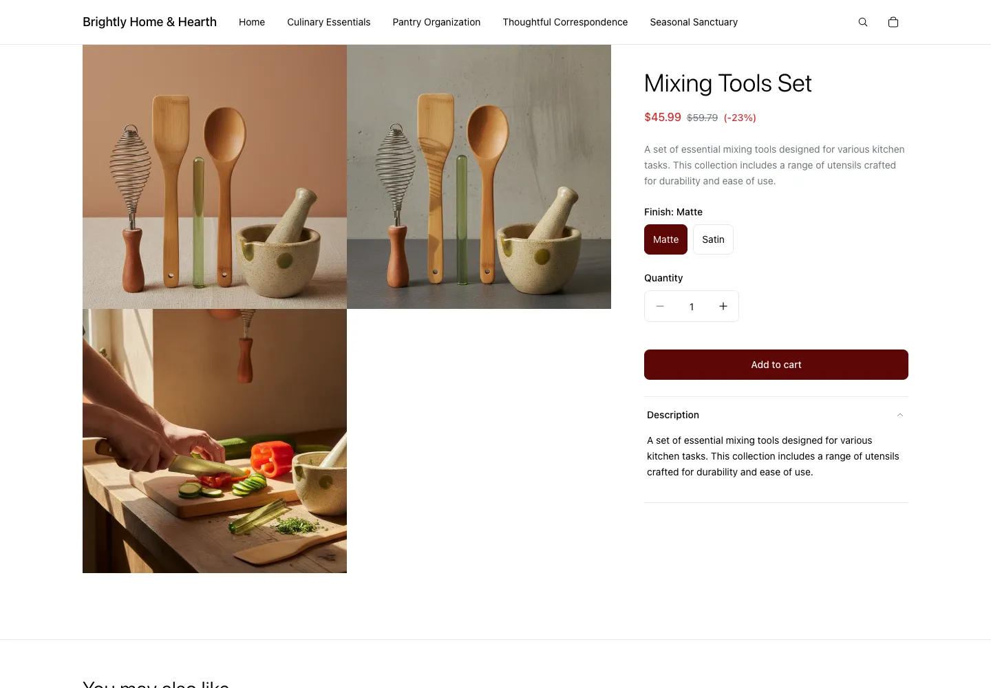 Mixing Tools Set product page on Brightly Home & Hearth, showing wooden spoon, spatula, whisk, and mortar on display with finish selector and sale pricing