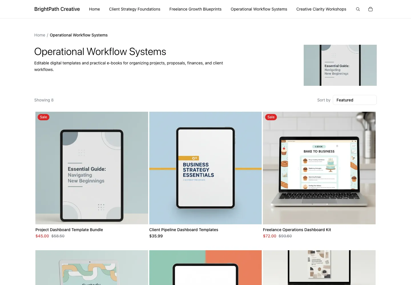 BrightPath Creative's Operational Workflow Systems collection with digital-template product cards and regular and sale prices.