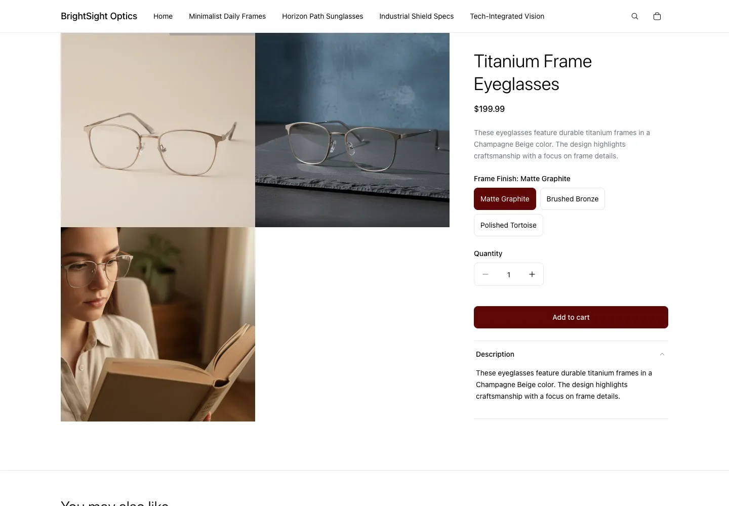 BrightSight Optics product page for Titanium Frame Eyeglasses, $199.99, showing two eyeglasses views and a reading lifestyle photo, with a Frame Finish selector (Matte Graphite, Brushed Bronze, Polished Tortoise) and Add to cart button