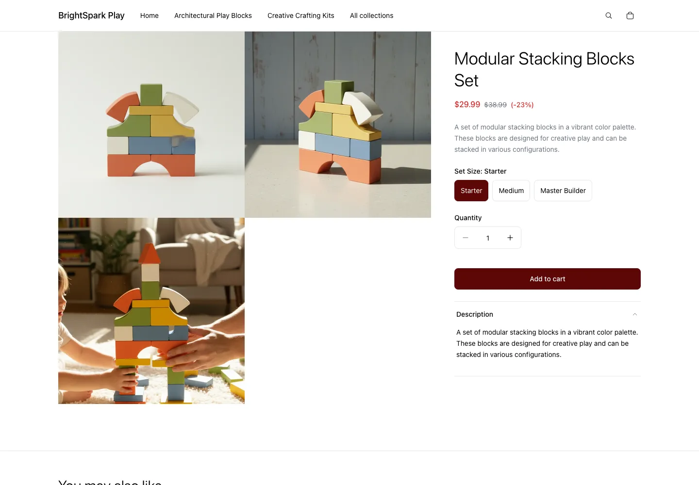 BrightSpark Play product page for Modular Stacking Blocks Set showing set size selector, sale price $29.99, with studio product shots and a child playing with colorful wooden blocks
