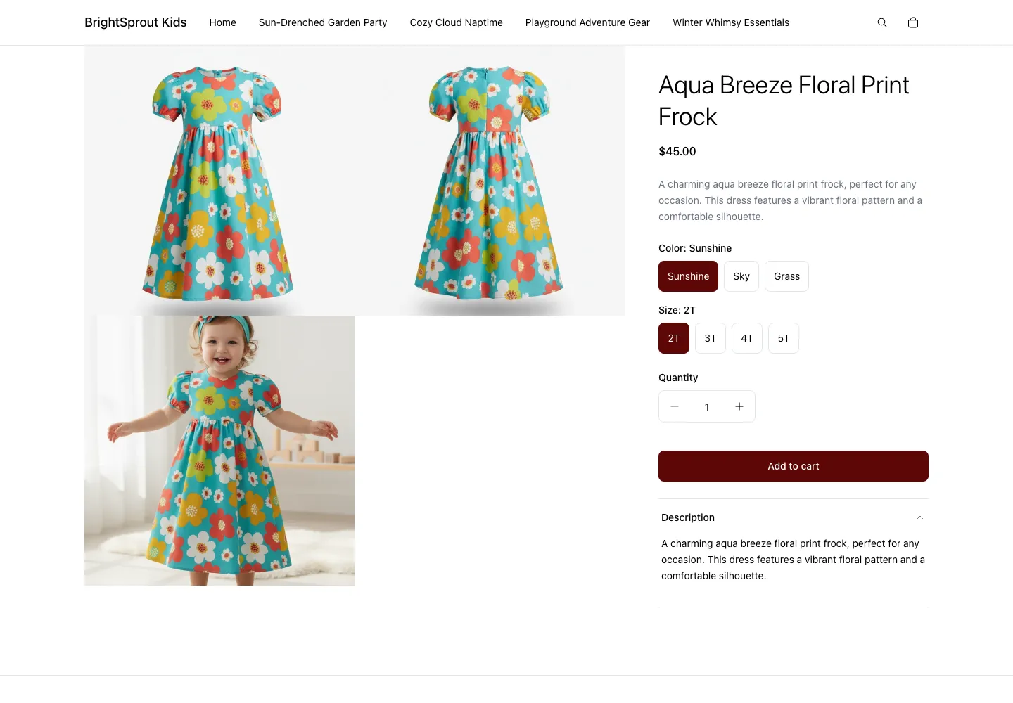 BrightSprout Kids product page for Aqua Breeze Floral Print Frock, $45, showing two floral dress product views and a toddler wearing it, with Color and Size selectors in toddler sizes (2T–5T) and Add to cart button