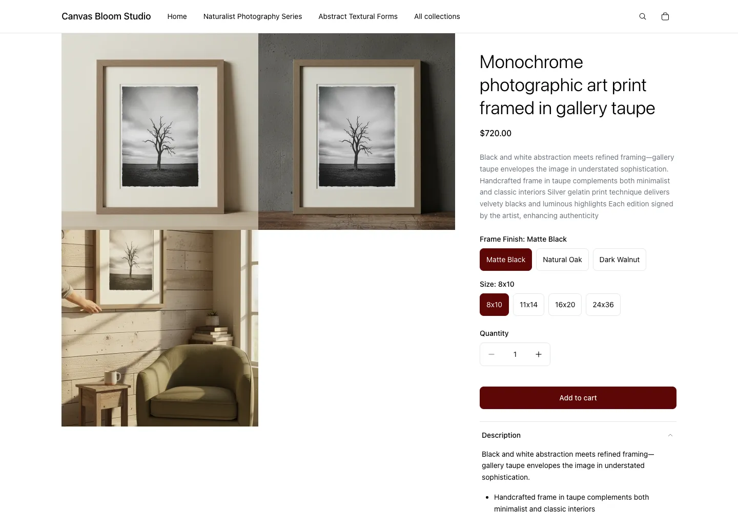 Canvas Bloom Studio product page for Monochrome photographic art print framed in gallery taupe showing frame finish and size selectors, price $720.00, with framed black and white tree print images