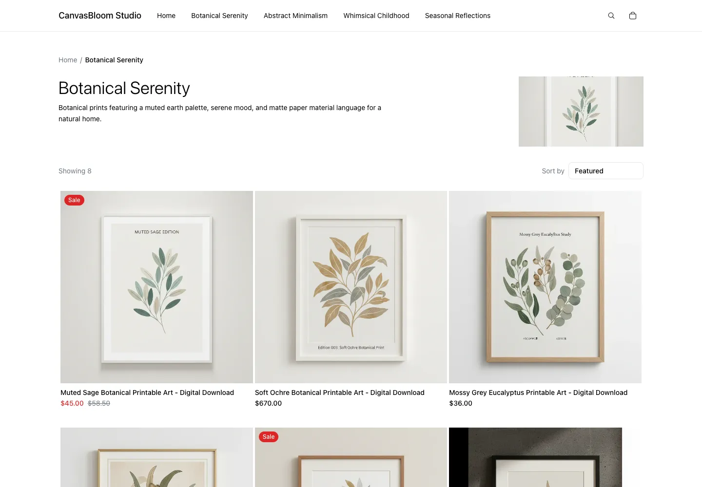 CanvasBloom Studio's Botanical Serenity collection with botanical printable-art listings labeled Digital Download and regular and sale prices.