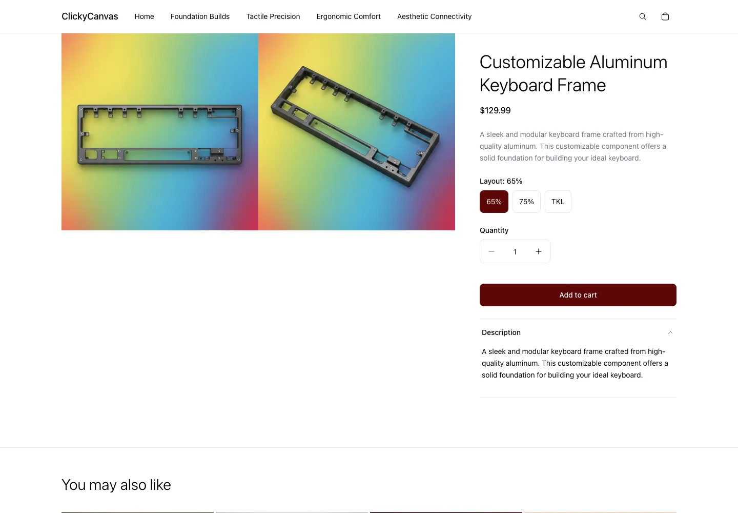 ClickyCanvas’s Customizable Aluminum Keyboard Frame with product images, 65%, 75%, and TKL layout options, and an Add to cart button.