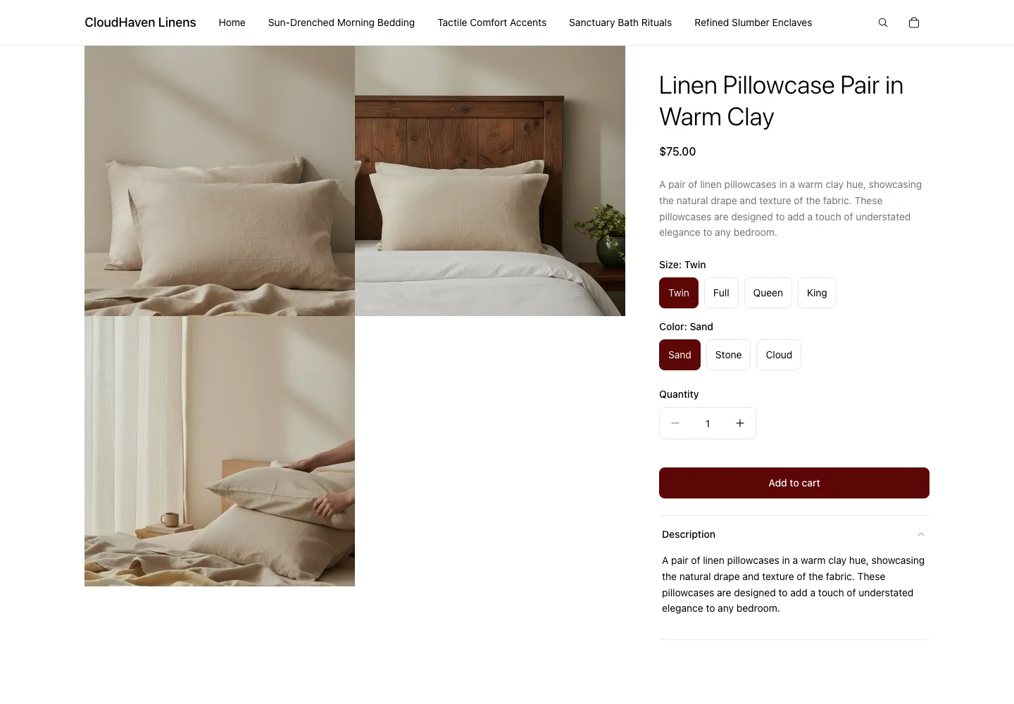 CloudHaven Linens product page for a linen pillowcase pair in warm clay, $75, shown on a bed with a wooden headboard and a bedroom lifestyle photo with warm natural light
