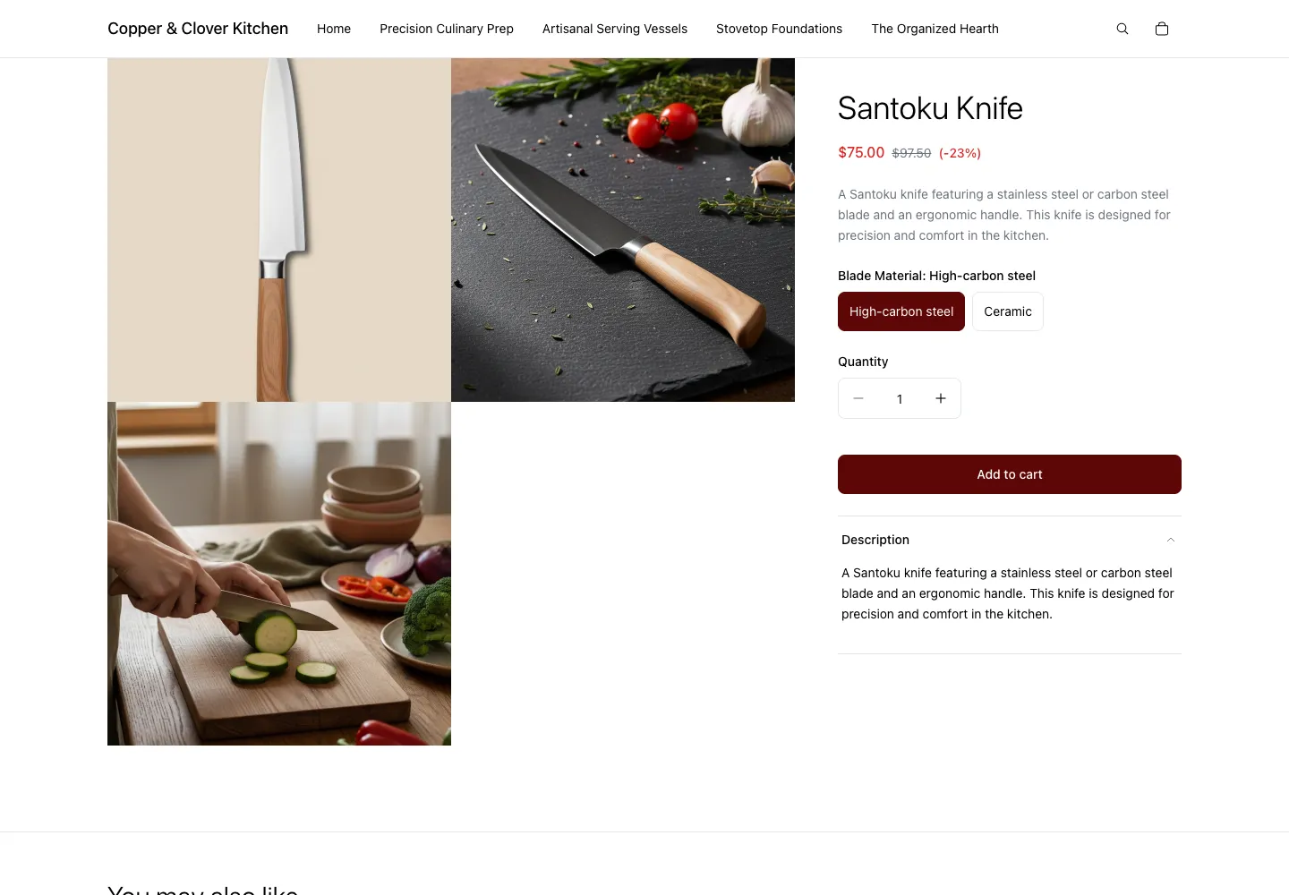 Santoku Knife product page on Copper & Clover Kitchen, showing dark blade with wood handle on pale and dark-slate backgrounds, blade material selector, $75 sale price
