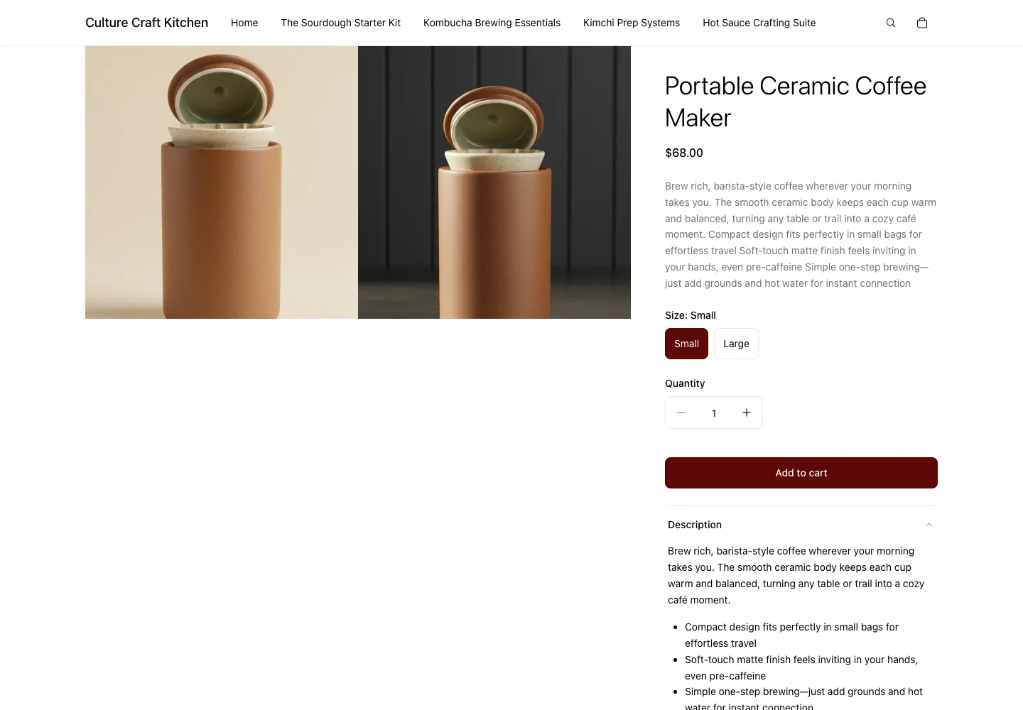 Culture Craft Kitchen product page for a portable ceramic coffee maker in terracotta with a stone filter insert, $68, shown open from two angles against light and dark backgrounds
