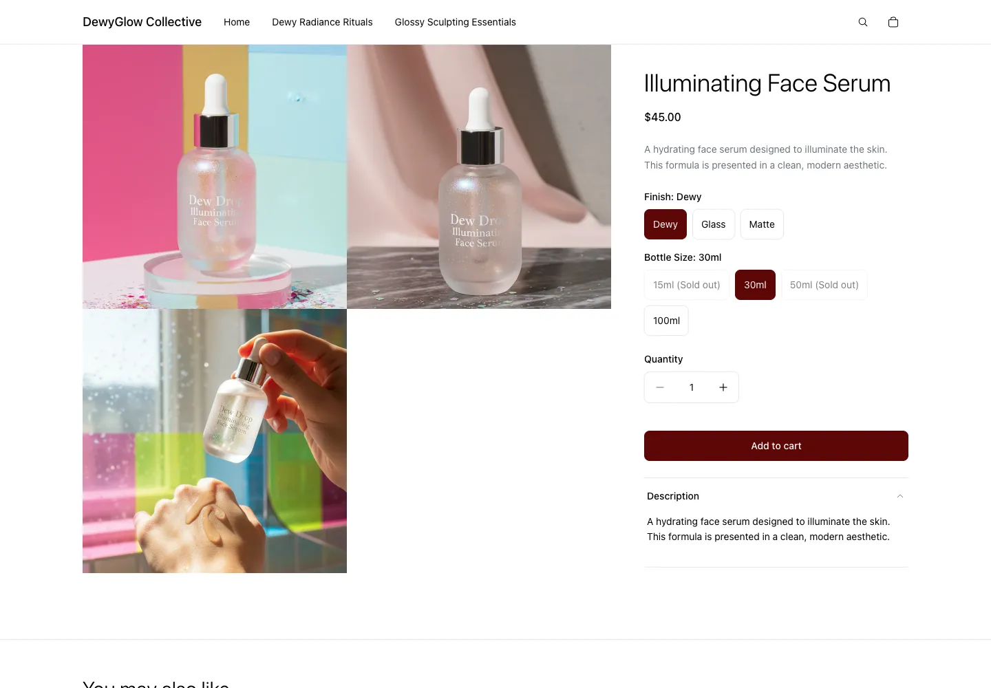 DewyGlow Collective product page for Illuminating Face Serum showing finish and bottle size selectors with sold-out variants indicated, price $45.00, with colorful studio and lifestyle images