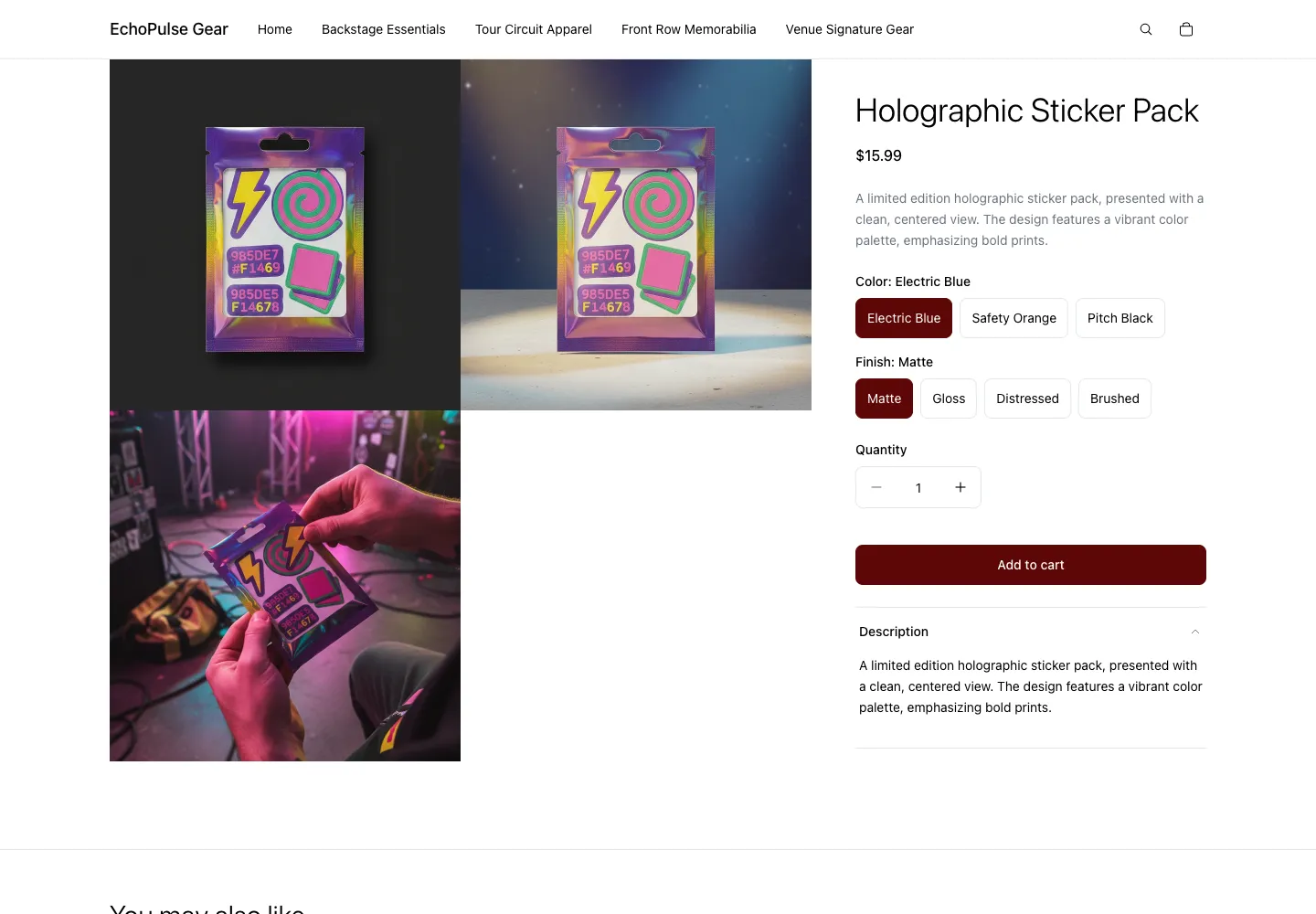 EchoPulse Gear product page for Holographic Sticker Pack, $15.99, showing two sticker pack views and a backstage lifestyle photo, with Color and Finish selectors and Add to cart button