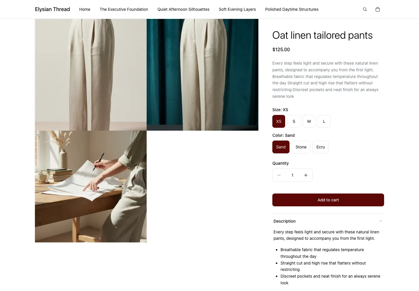Elysian Thread's Oat linen tailored pants product page with four size options, three color options, and an Add to cart button.