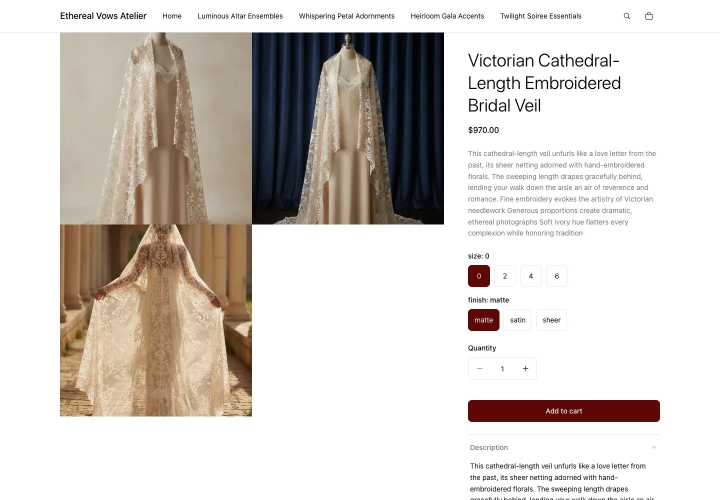 Ethereal Vows Atelier product page for Victorian Cathedral-Length Embroidered Bridal Veil, $970, showing embroidered veil on a mannequin and outdoor draped images, with size and finish selectors and Add to cart button