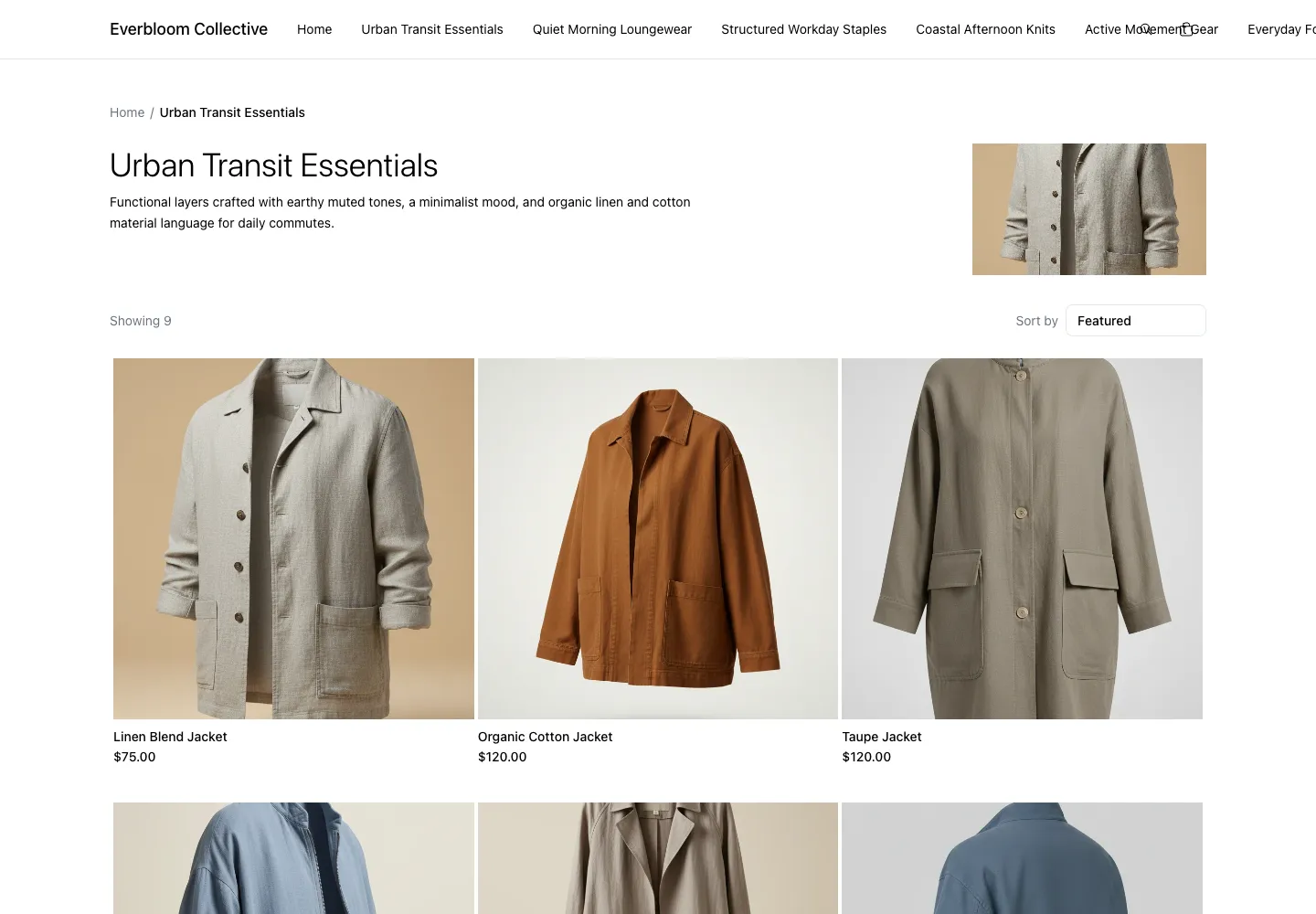 Everbloom Collective’s Urban Transit Essentials collection with jacket product cards, prices, and a sorting control.