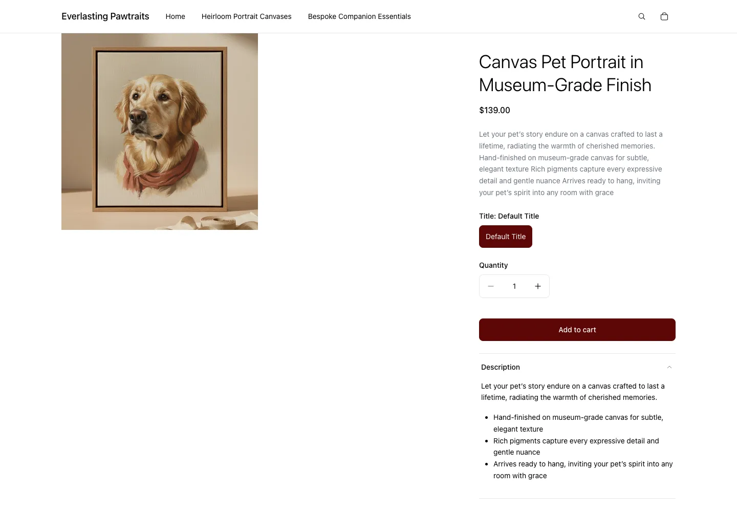 Everlasting Pawtraits product page for Canvas Pet Portrait in Museum-Grade Finish showing Default Title selector, price $139.00, with a framed golden retriever canvas portrait image