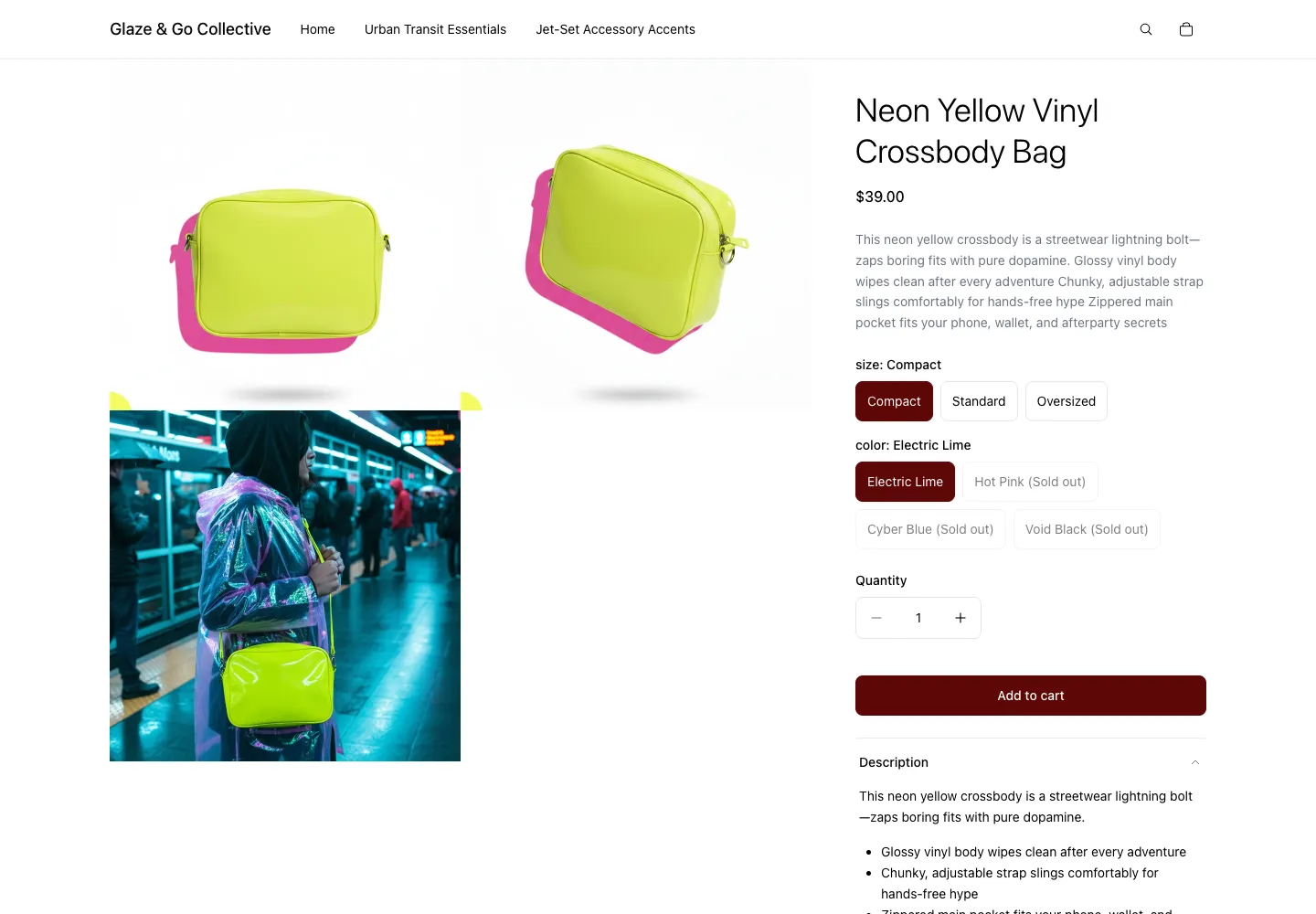 Glaze & Go Collective product page for a neon yellow vinyl crossbody bag with hot pink trim, $39, and a lifestyle photo of someone wearing it in a neon-lit transit station