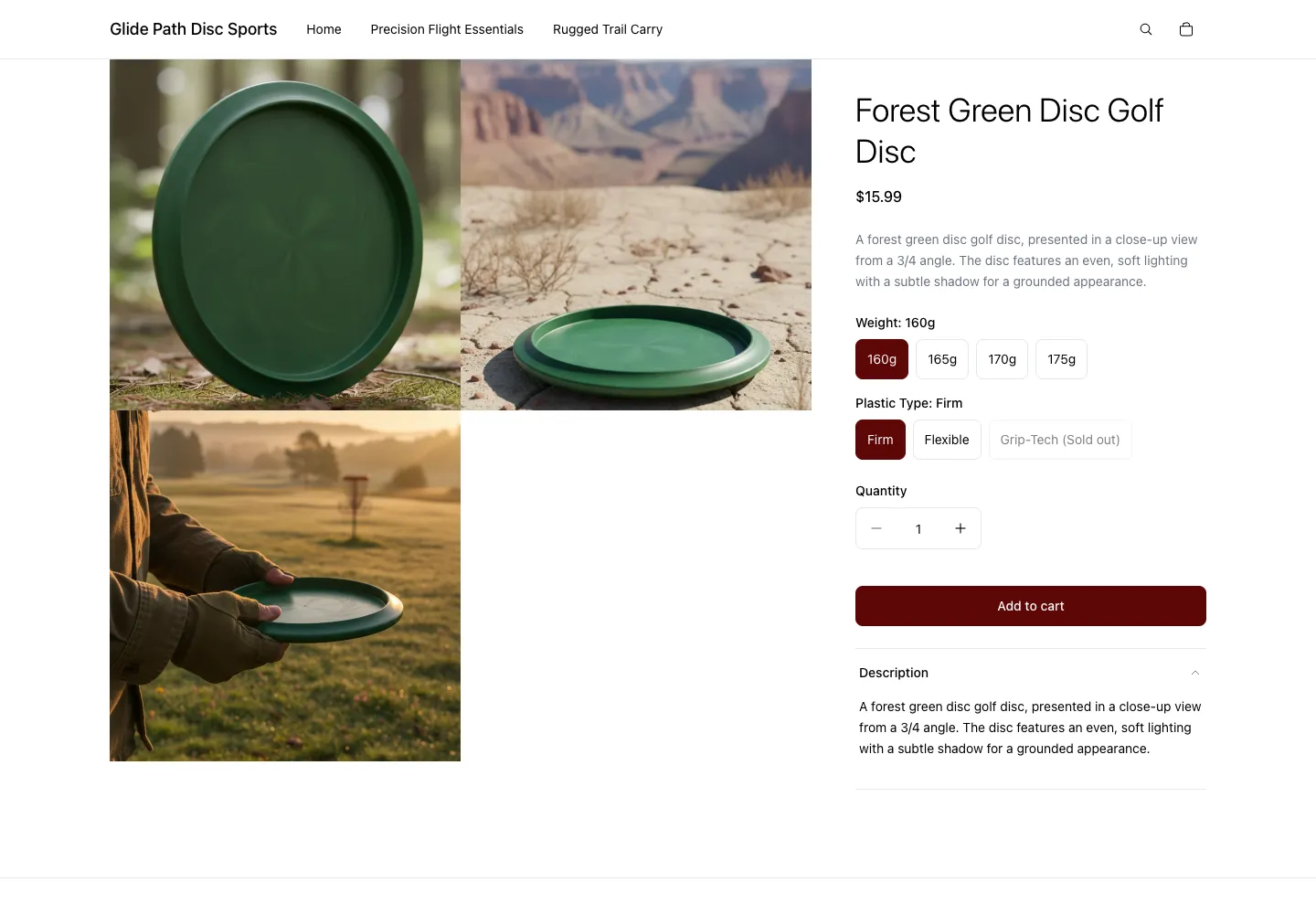 Glide Path Disc Sports product page for a forest green disc golf disc, $15.99, with weight and plastic type options and a player aiming at a basket on a course at golden hour