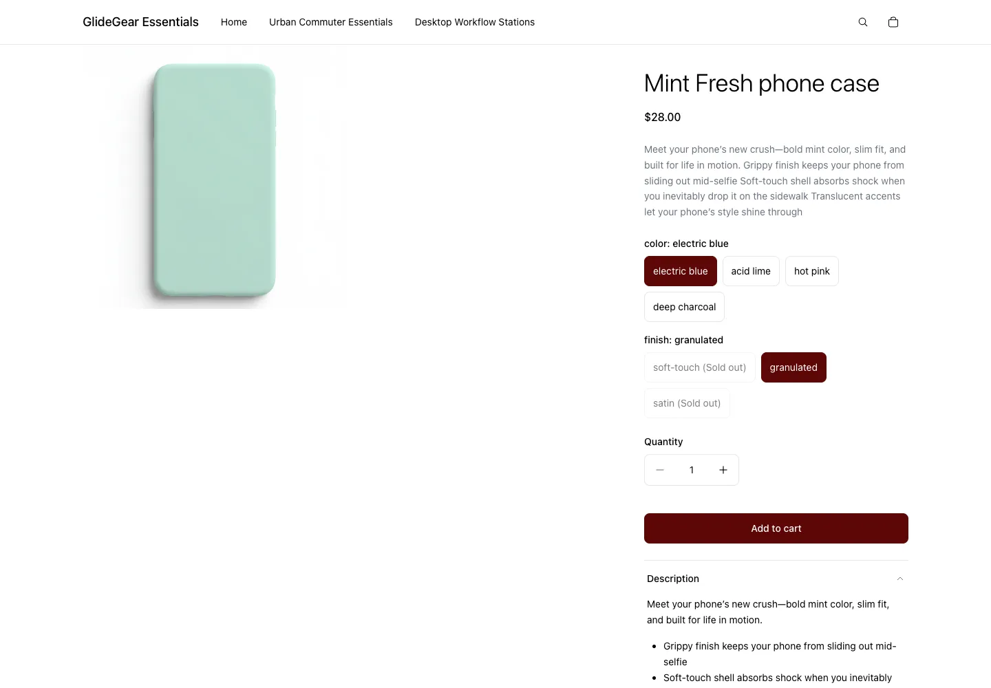 GlideGear Essentials product page for Mint Fresh phone case showing color and finish selectors with sold-out variants indicated, price $28.00, with a mint green case product image