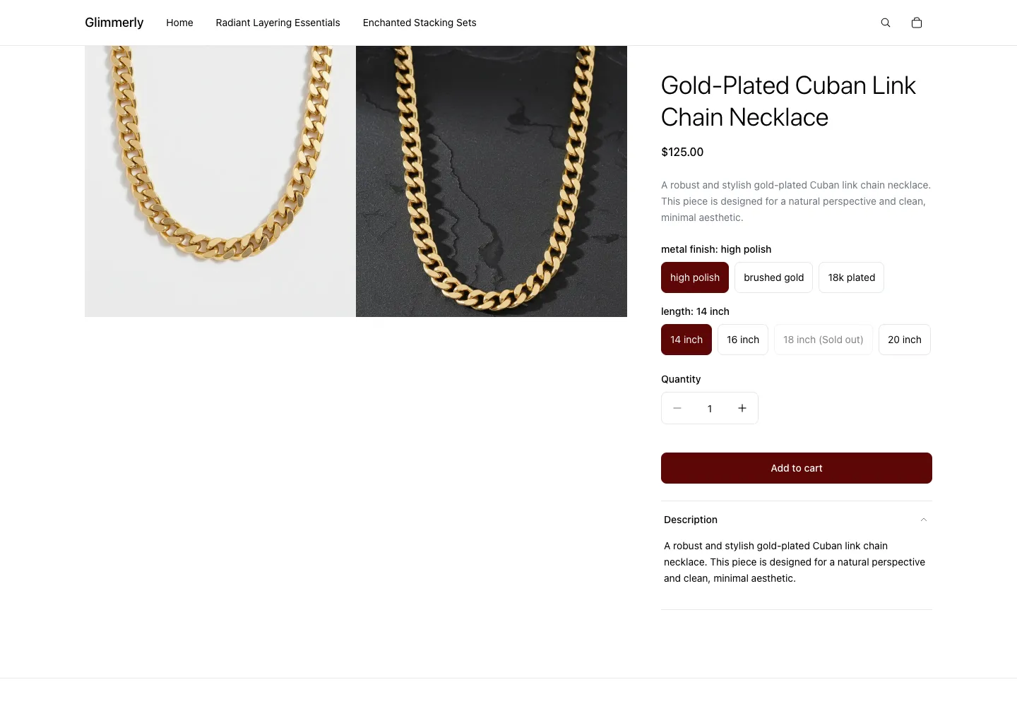 Gold-Plated Cuban Link Chain Necklace product page on Glimmerly, showing gold chain on gray and dark stone backgrounds, metal finish and length selectors with sold-out state