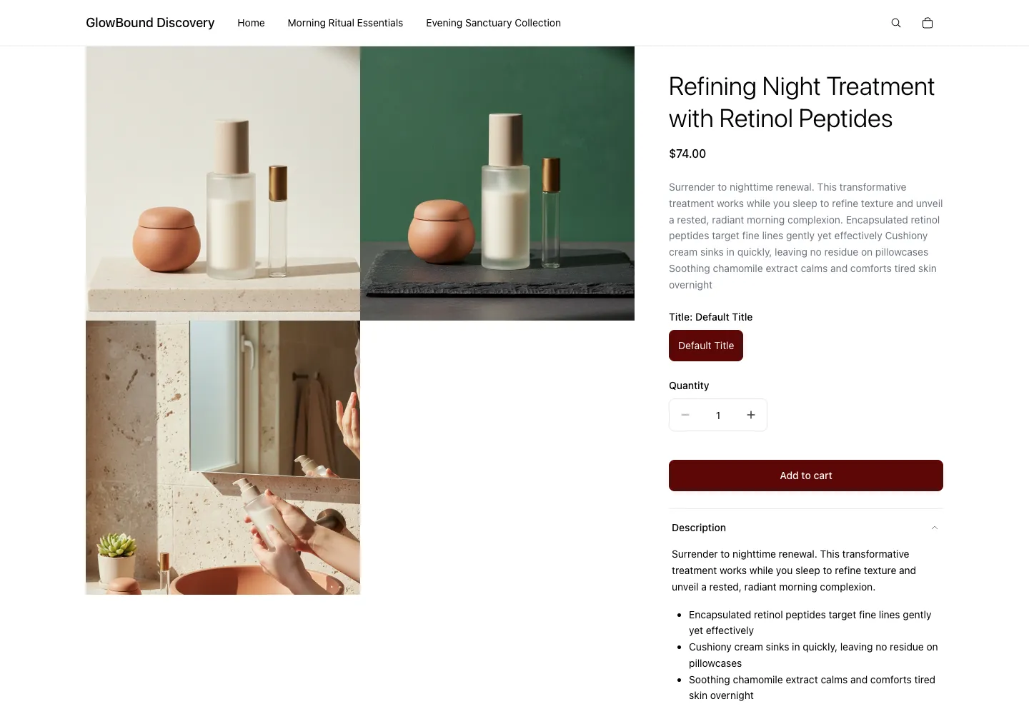 GlowBound Discovery product page for a Refining Night Treatment with Retinol Peptides, $74, showing frosted glass bottles and a terracotta jar with a bathroom application lifestyle photo