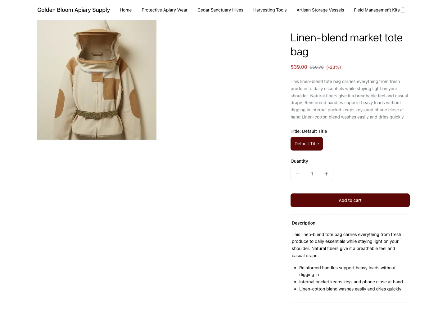 Golden Bloom Apiary Supply product page for a linen-blend market tote bag with leather patches, on sale for $39, shown hanging against a plain wall
