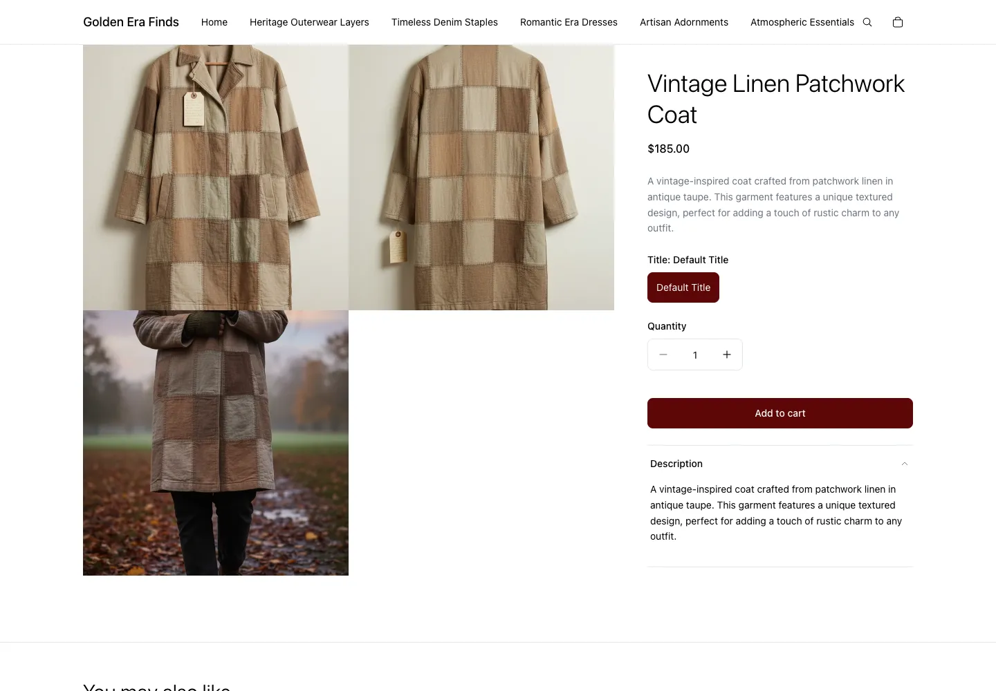 Golden Era Finds’ Vintage Linen Patchwork Coat with product images, a Default Title option, a price, quantity controls, and an Add to cart button.