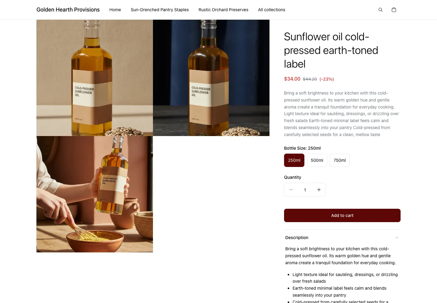 Golden Hearth Provisions product page for Sunflower oil cold-pressed earth-toned label showing bottle size selector, sale price $34.00, with studio and cooking lifestyle images