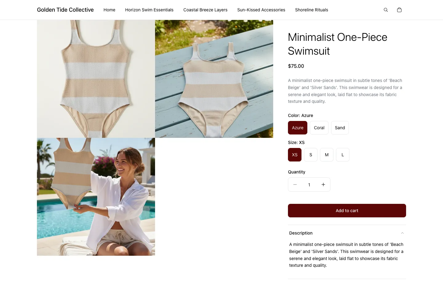Golden Tide Collective product page for a beige and white striped minimalist one-piece swimsuit, $75, with flat lay views and a poolside lifestyle photo