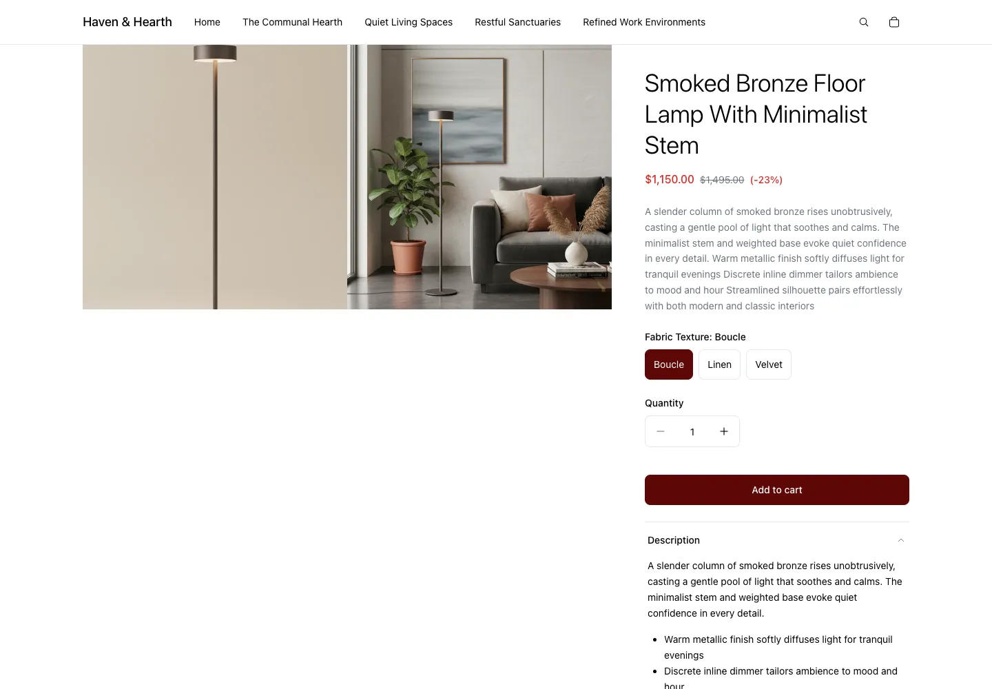 Haven & Hearth's Smoked Bronze Floor Lamp with Minimalist Stem product page with a product image and an Add to cart button.