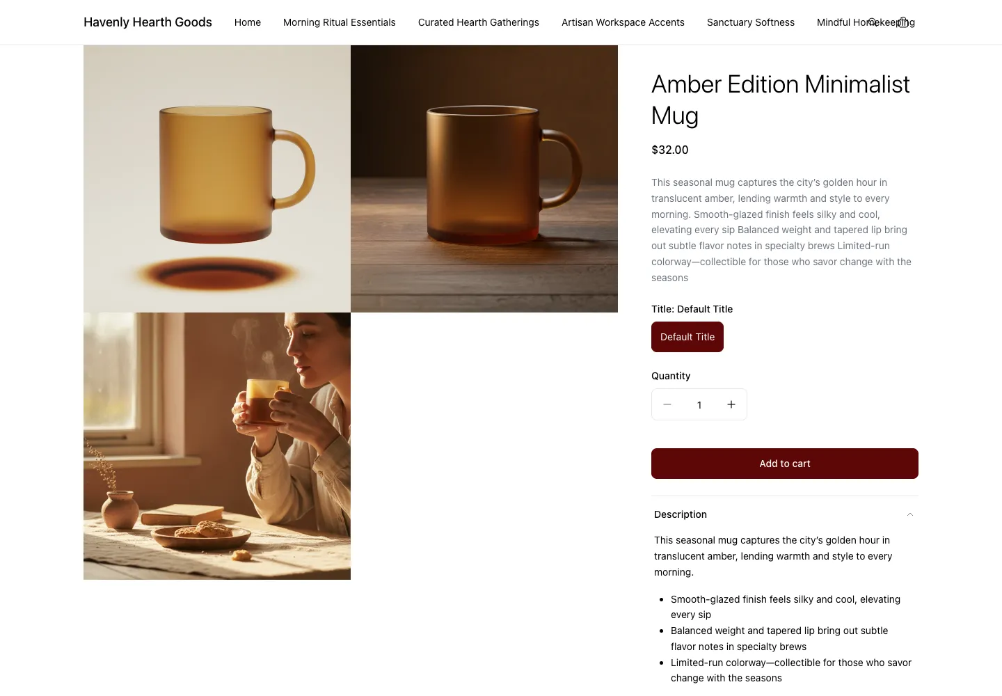 Amber Edition Minimalist Mug product page on Havenly Hearth Goods, showing translucent amber glass mug on white and wood backgrounds, $32 with single Default Title selector