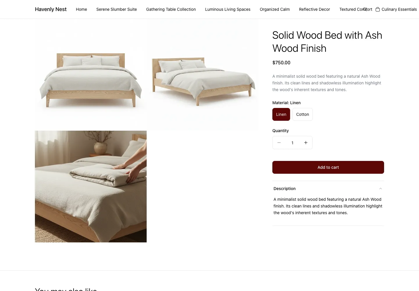 Solid Wood Bed with Ash Wood Finish product page on Havenly Nest, showing low-profile bed with pale ash legs and gray linen bedding, material selector at $750