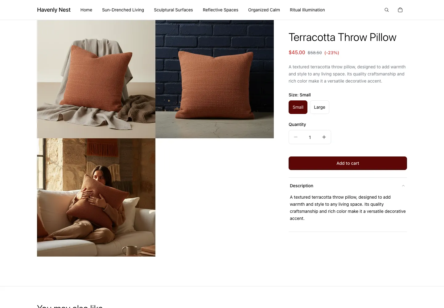 Havenly Nest’s Terracotta Throw Pillow with product images, Small and Large options, a $45.00 price, and a crossed-out $58.50 compare-at price.