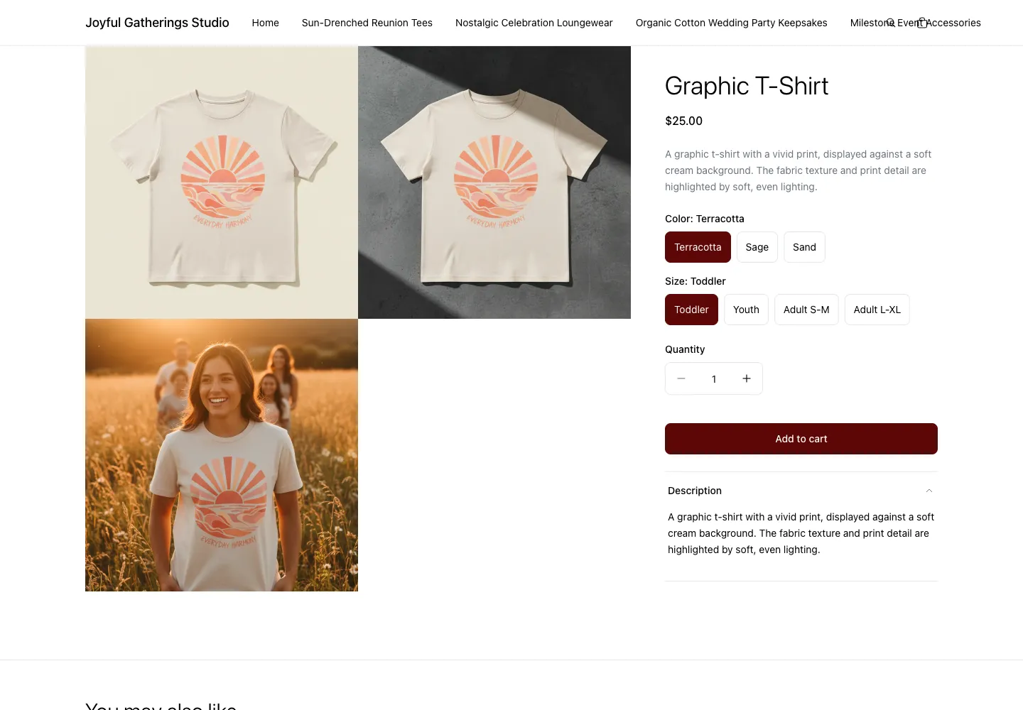 Joyful Gatherings Studio's Graphic T-Shirt product page with a product image, color and size selectors, and an Add to cart button.