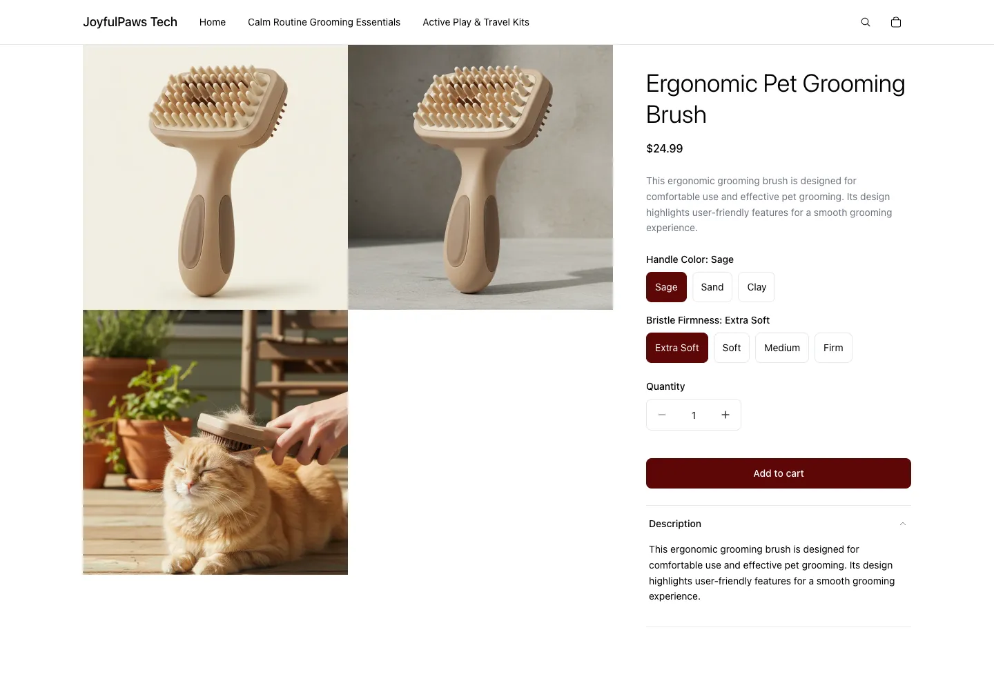 JoyfulPaws Tech product page for Ergonomic Pet Grooming Brush showing handle color and bristle firmness selectors, price $24.99, with product and cat grooming lifestyle images
