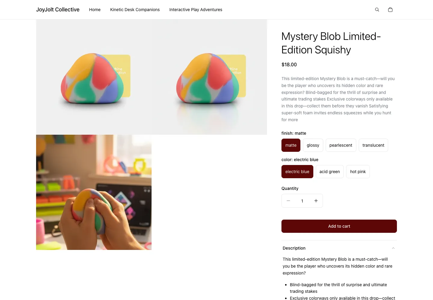 JoyJolt Collective product page for Mystery Blob Limited-Edition Squishy showing finish and color selectors, price $18.00, with product and child-squeezing lifestyle images