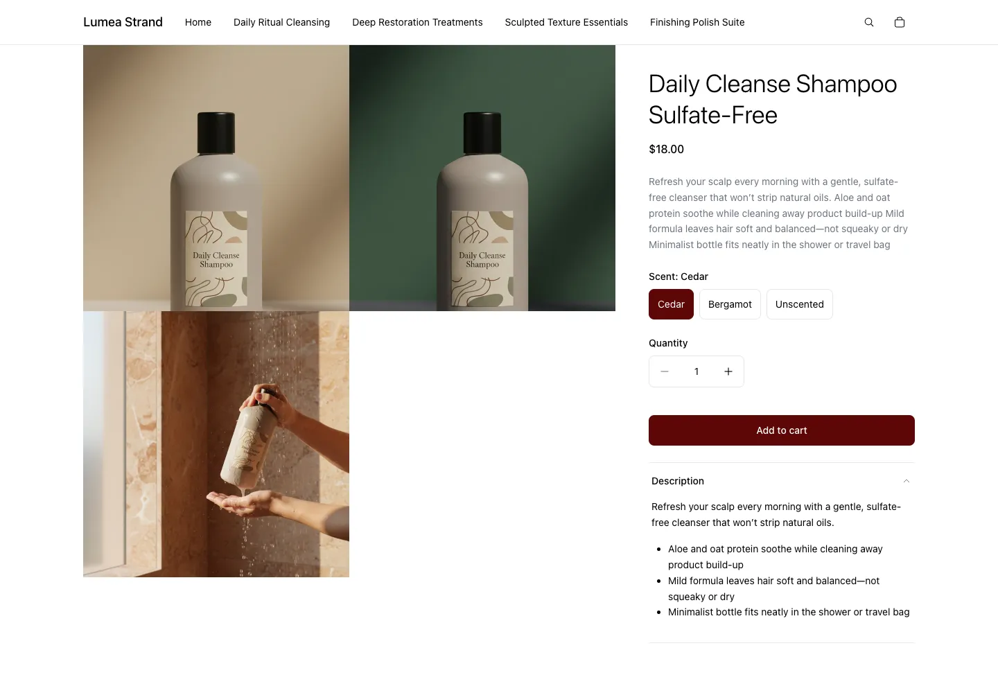Daily Cleanse Shampoo Sulfate-Free product page on Lumea Strand, showing tall gray bottle with botanical label shown on light and dark green backgrounds, scent selector