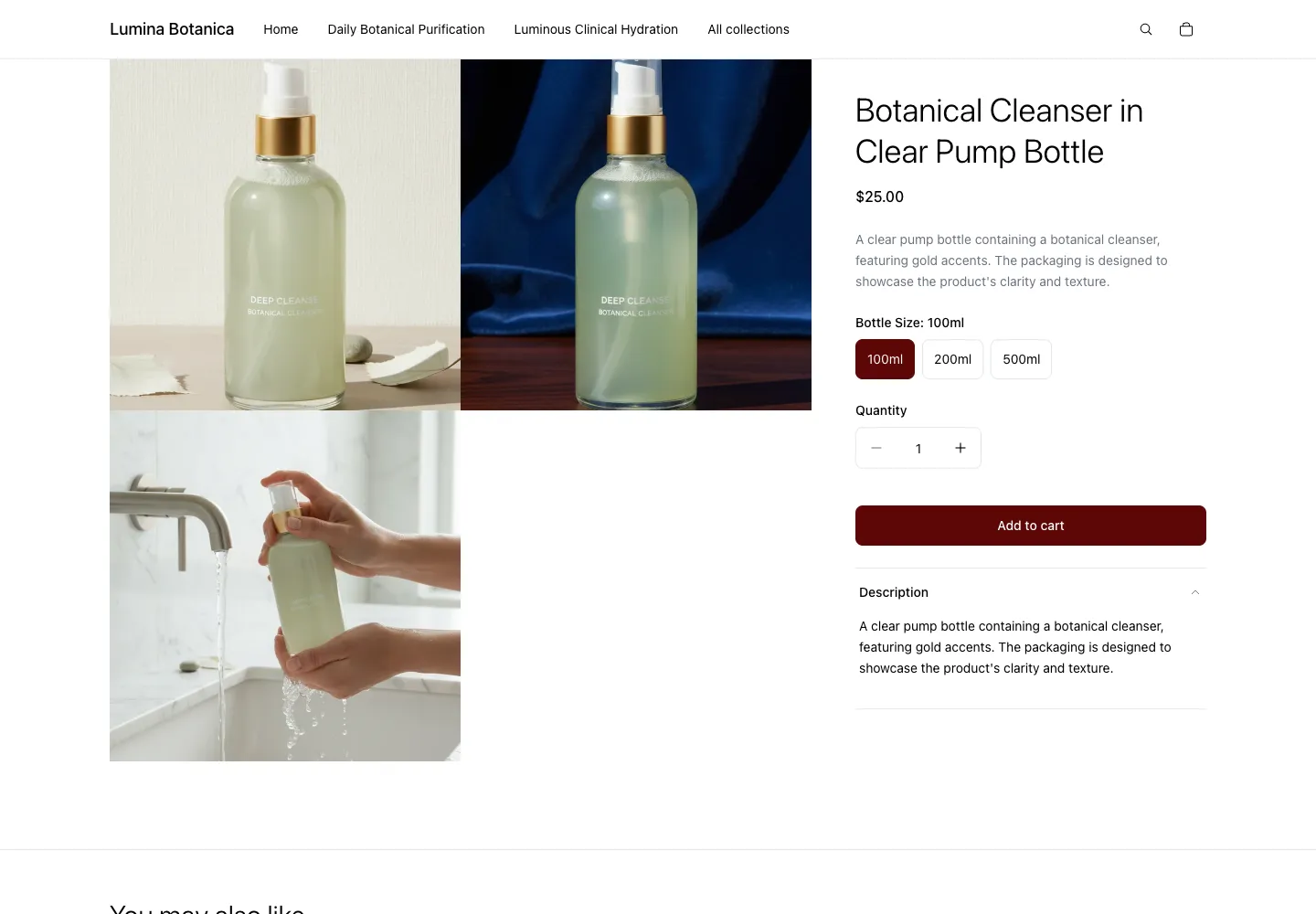 Lumina Botanica product page for Botanical Cleanser in Clear Pump Bottle showing bottle size selector, price $25.00, with studio and sink lifestyle images of a clear glass pump bottle