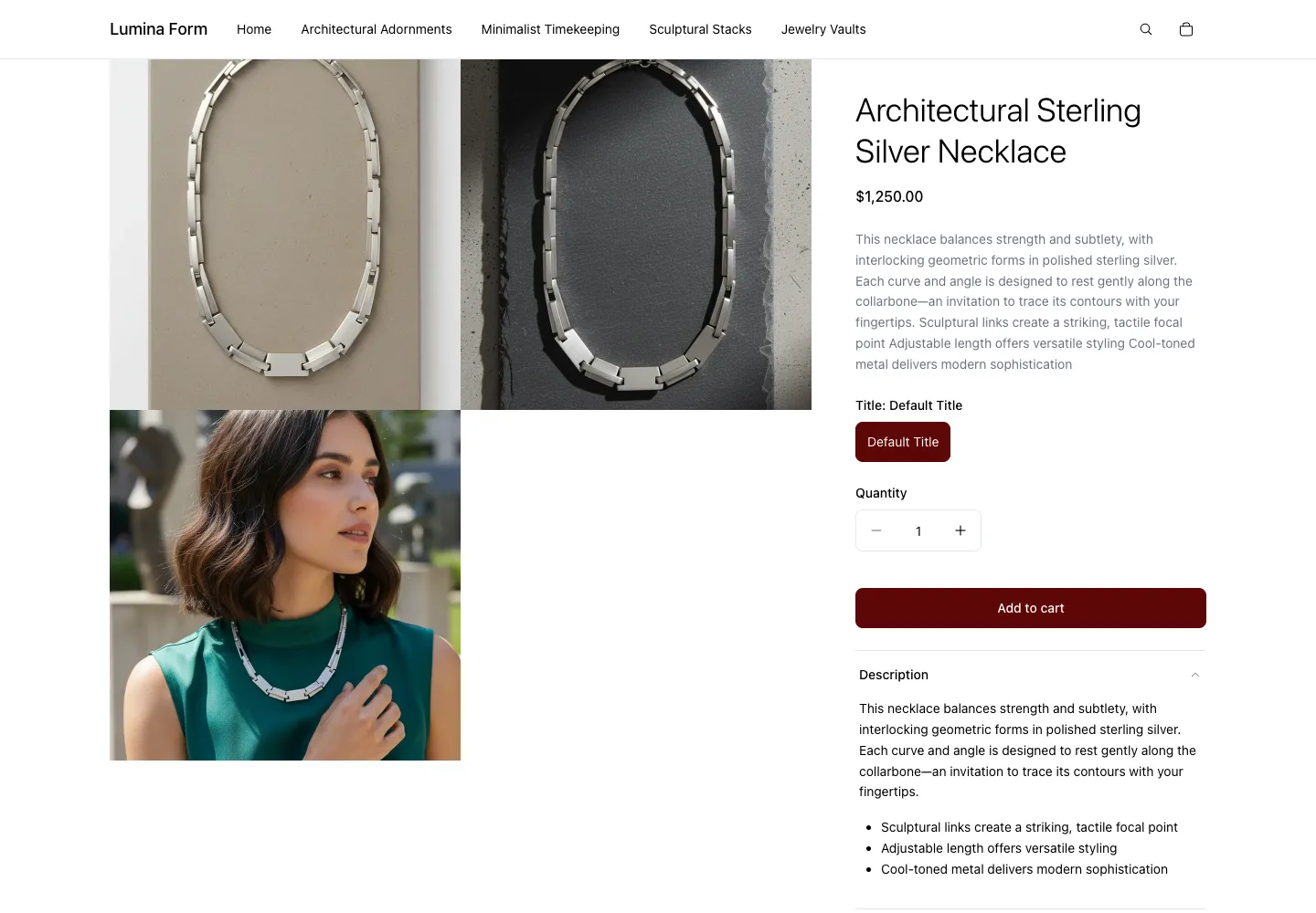 Lumina Form product page for Architectural Sterling Silver Necklace, $1,250, showing two necklace lay-flat views and a model wearing it, single variant selector, and Add to cart button