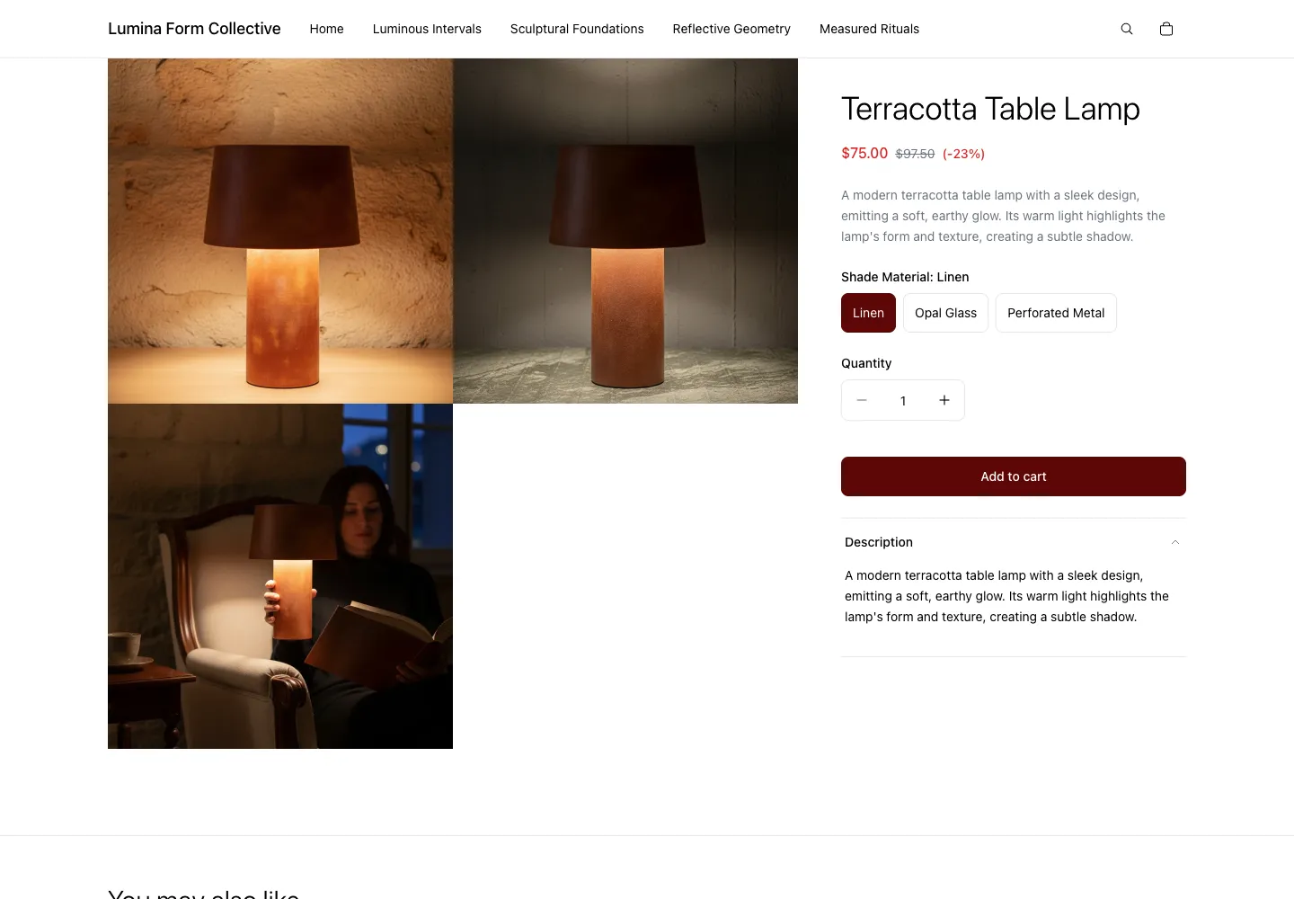 Terracotta Table Lamp product page on Lumina Form Collective, showing lamp with warm terracotta column base and dark drum shade in studio and reading-nook settings, shade material selector