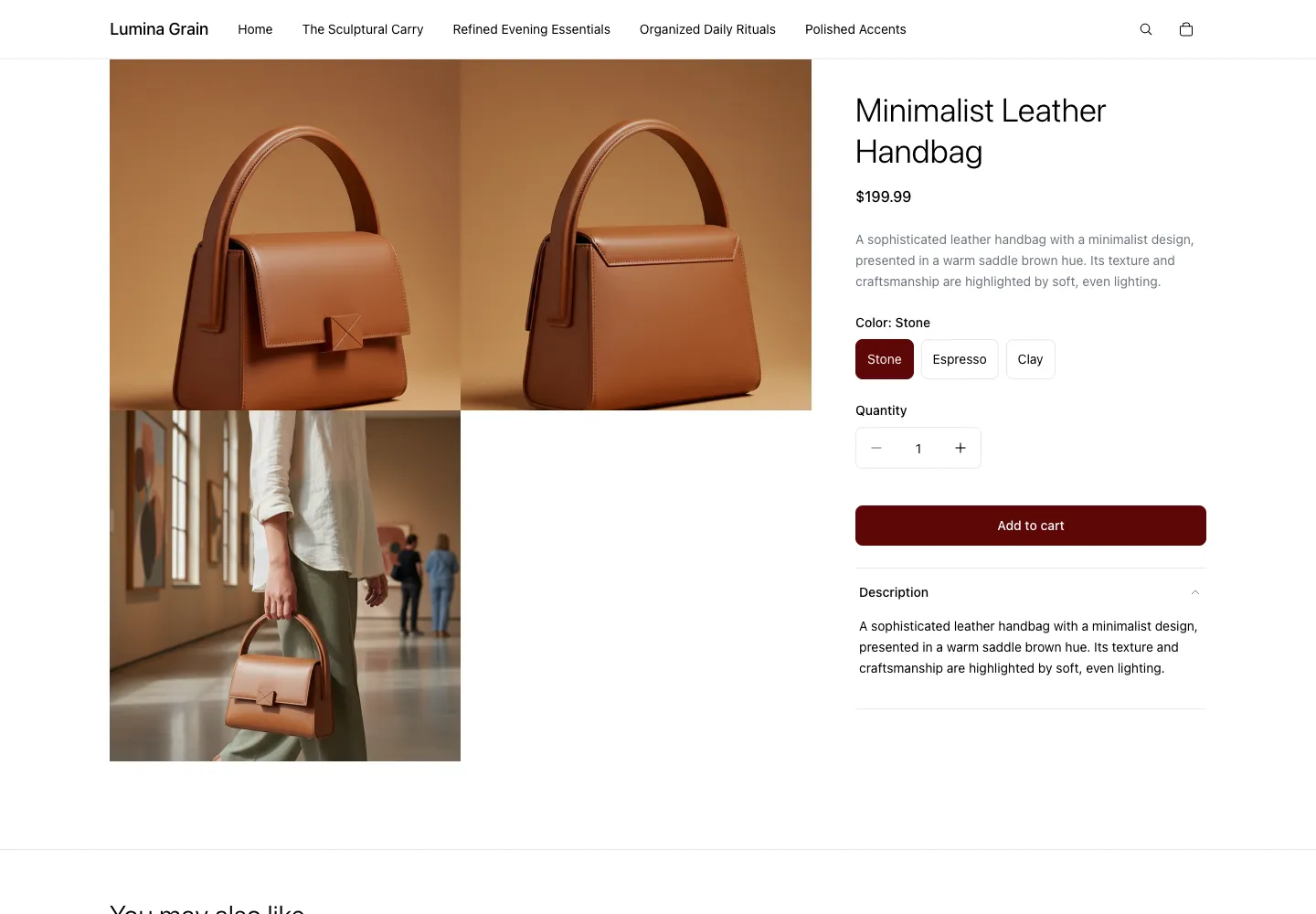 Lumina Grain product page for Minimalist Leather Handbag, $199.99, showing two saddle-brown handbag views and a gallery lifestyle photo, with Color selector (Stone/Espresso/Clay) and Add to cart button