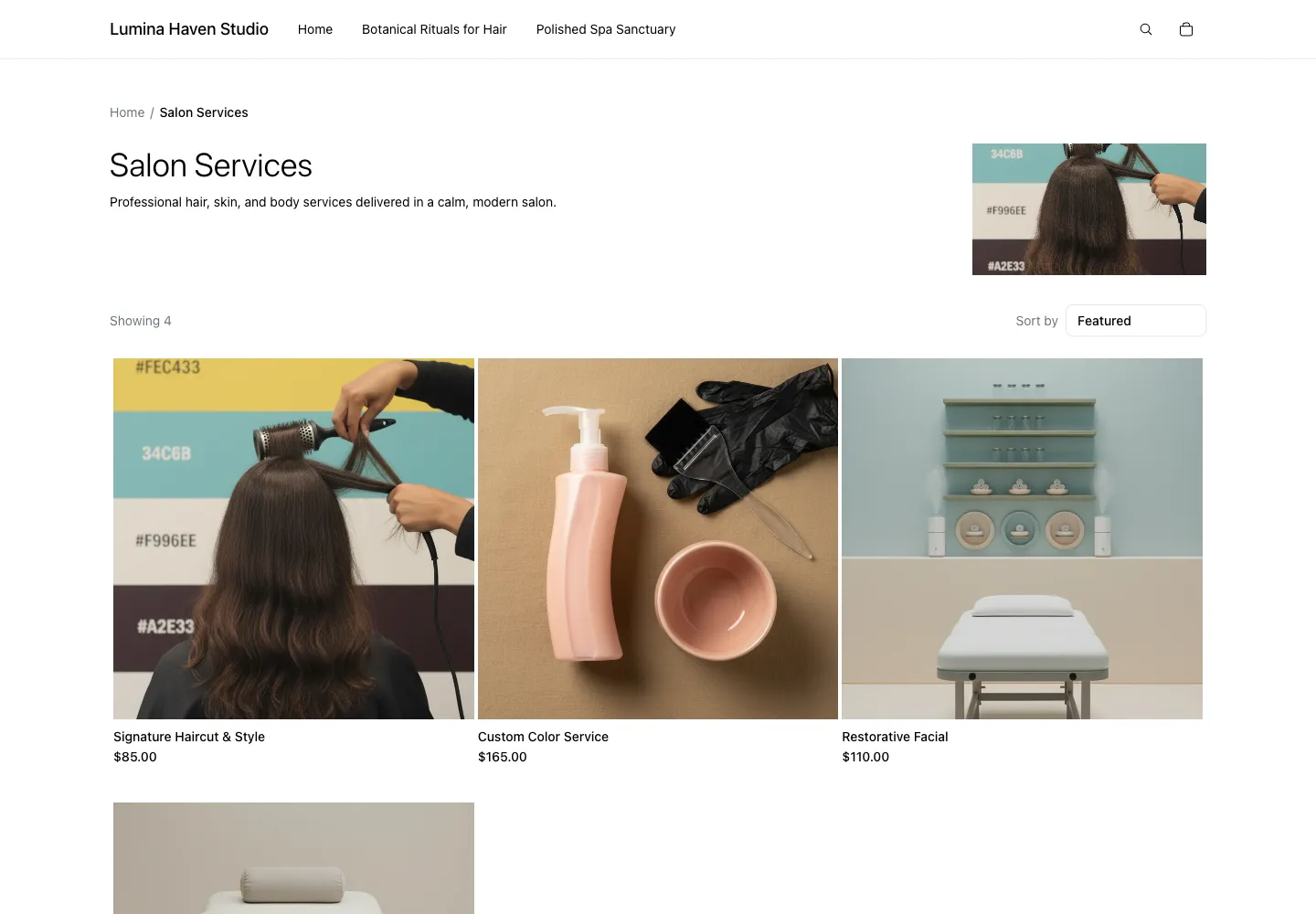 Lumina Haven Studio’s Salon Services collection with haircut, color, and facial listings, prices, and a sorting control.