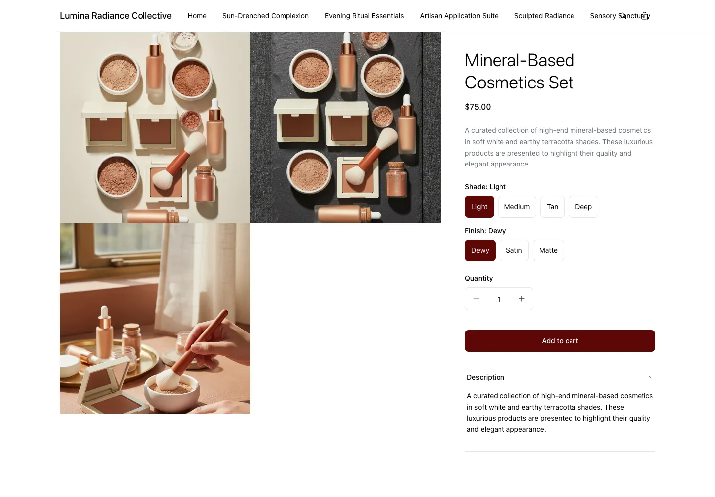 Lumina Radiance Collective product page for a mineral-based cosmetics set, $75, showing powder compacts, foundation bottles, and brushes in terracotta tones with shade and finish options