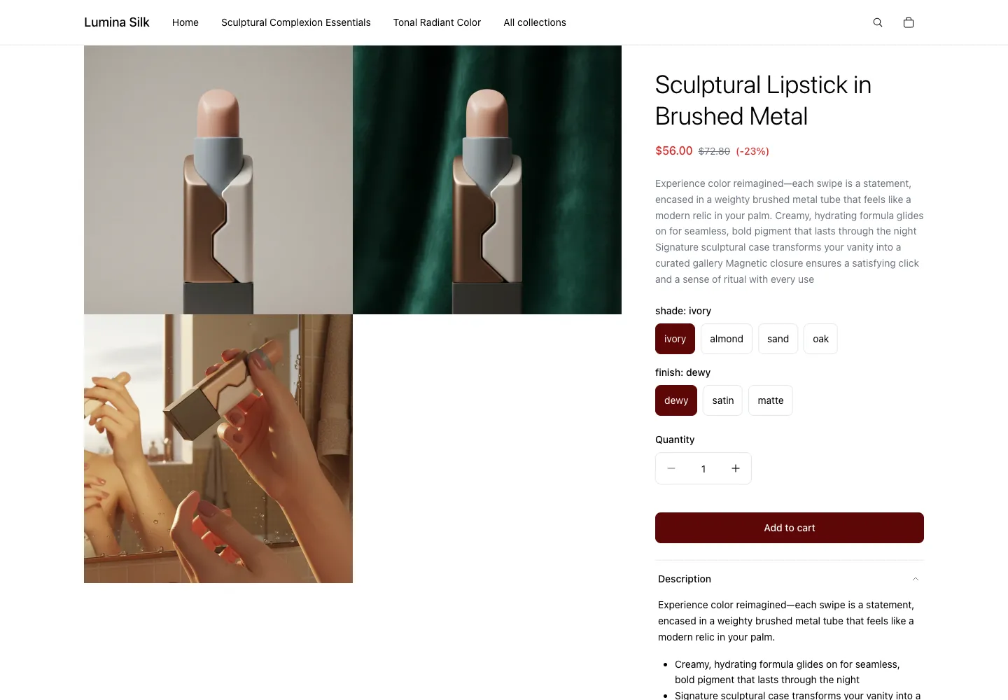 Lumina Silk product page for Sculptural Lipstick in Brushed Metal showing shade and finish selectors, sale price $56.00, with studio product photos and a lifestyle hand-holding image