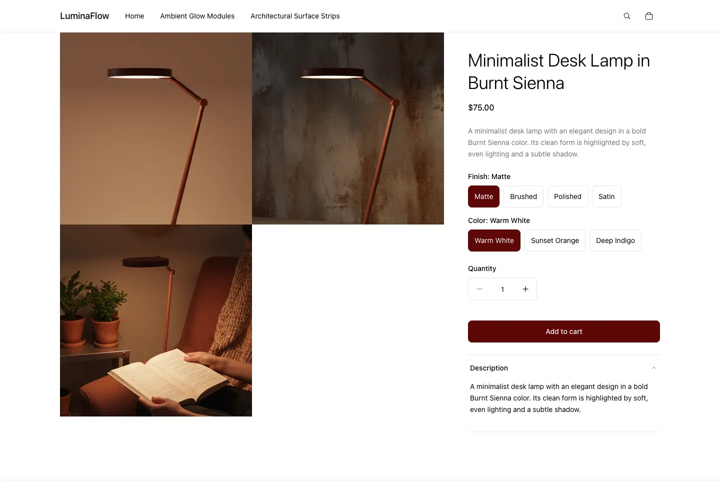 Minimalist Desk Lamp in Burnt Sienna product page on LuminaFlow, showing slender angled lamp with rust-orange arm and flat circular head in studio and reading-chair settings, finish and color selectors