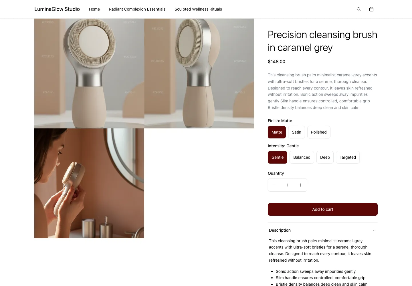 LuminaGlow Studio product page for a precision caramel-gray sonic cleansing brush, $148, with finish and intensity options and a woman using it in front of a mirror