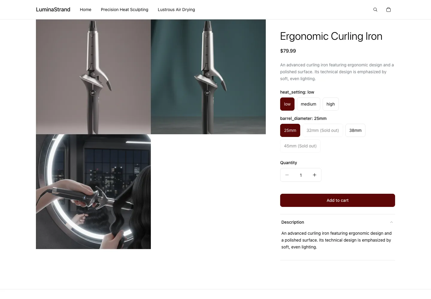 Ergonomic Curling Iron product page on LuminaStrand, showing slim silver wand in studio and night salon settings, heat and barrel diameter selectors with sold-out states