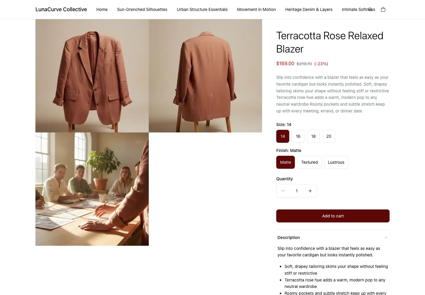 LunaCurve Collective’s Terracotta Rose Relaxed Blazer with numeric size buttons, finish options, product images, and current and compare-at prices.